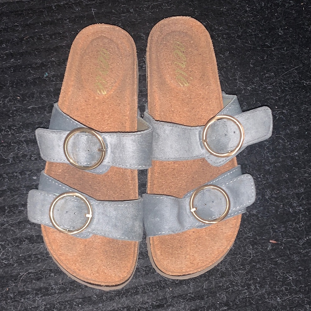 aerie Gray Double-Buckle Slide Sandals with Gold Rings